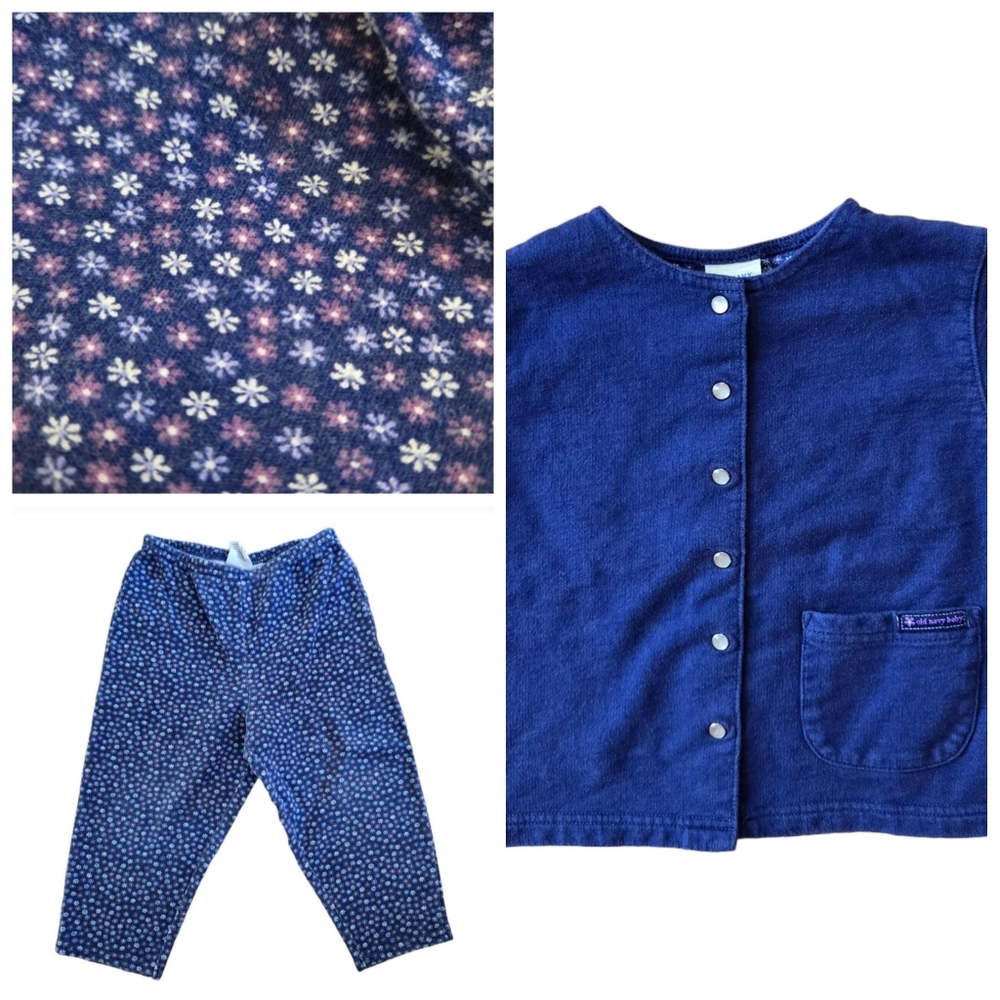 Vintage Y2K Old Navy blue floral cotton pants and cardigan matching 2-piece set